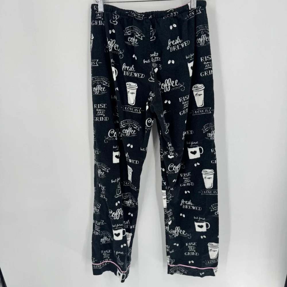 PJ Salvage Pajama Set Women S Black Coffee Print Flannel Button Front Pants - Picture 12 of 12